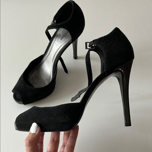 Bebe Black suede Stiletto platform Heels with Ankle Strap 9